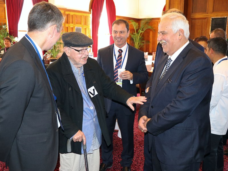 Legislative Assembly Speaker Colin Brooks (centre) and Legislative Council President Nazih Elasmar (right) thanked a range of charity representatives, including Father Bob Maguire.