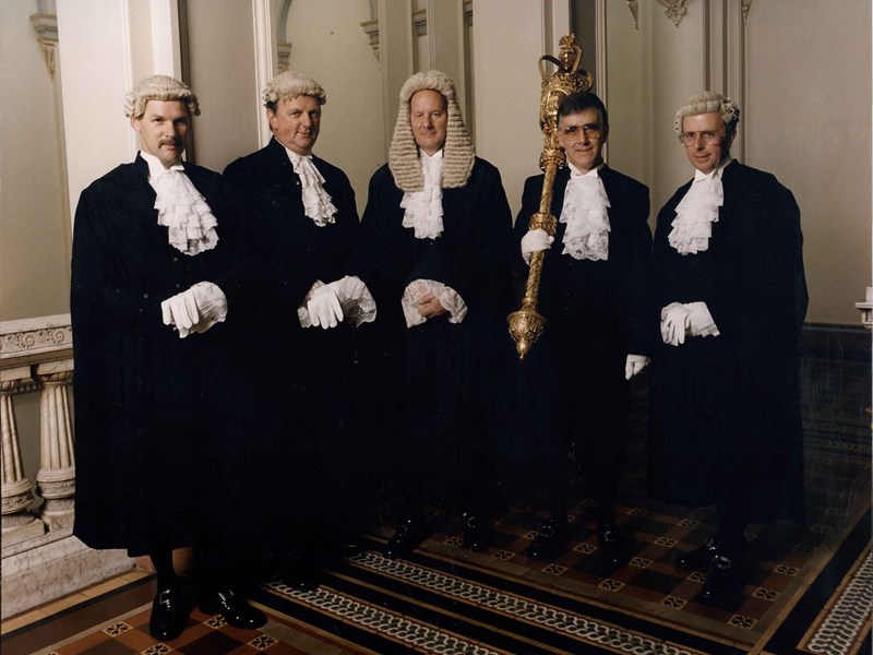 The Speaker, Clerk, Deputy Clerk, Assistant Clerk and Serjeant-at-Arms of the 53rd Parliament in wigs and gowns, 20 May 1998. Photograph by Chris Cassar. Courtesy of Parliament of Victoria.