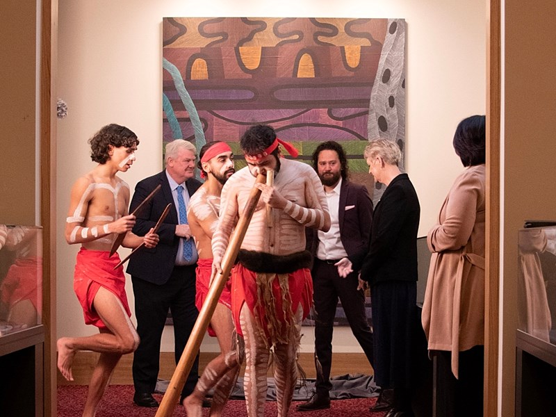 Parliament's Presiding Officers and Tom Day at the unveiling of the artwork Yarkeen Mirring.