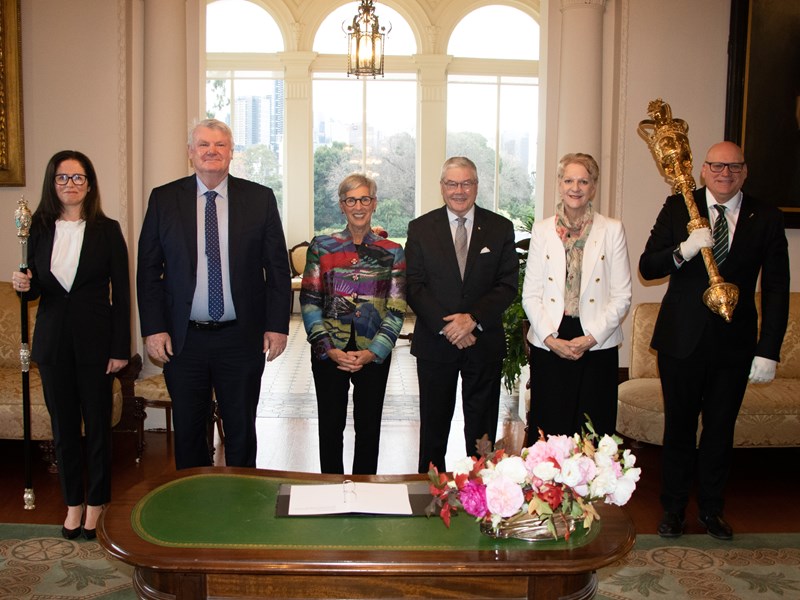 Governor Linda Dessau and husband Anthony Howard with (L-R) Usher of the Black Rod Sally West, Legislative Council President Shaun Leane, Legislative Assembly Speaker Maree Edwards & Serjeant-at-Arms Paul Groenewegen.