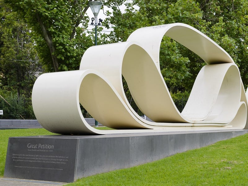 Located on Macarthur Street's Burston Reserve, near Parliament House, "Great Petition" was created by artists Susan Hewitt and Penelope Lee and launched on 3rd December 2008 to celebrate the 100th year anniversary of women’s right to vote in Victoria