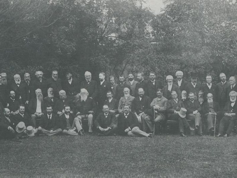 Outdoor group portrait of delegates and attendees at the Australasian Federal Convention in Sydney 1891. Courtesy of Parliament of Victoria.