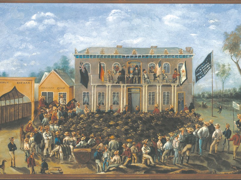 Theodore King, The First Parliamentary Election, Bendigo, 1855 (1855), Gift of Mr. J.S. Dethridge, 1894. Bendigo Art Gallery, 1894.1. Image: CC BY / Leon Schoots.