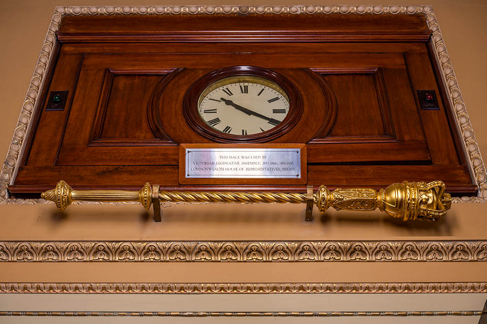 The first mace of the Victorian Parliament, hanging in the parliamentary library.