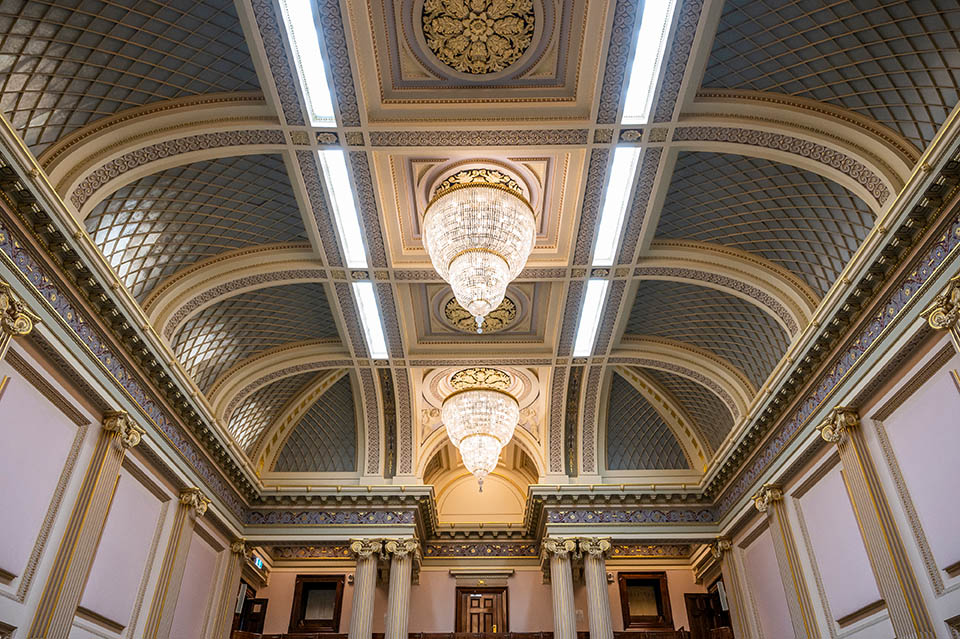 Chandeliers in the Legislative Assembly chamber.
